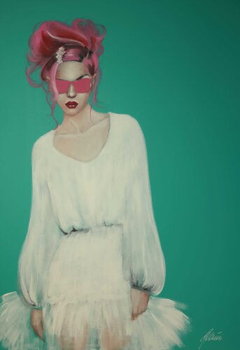 Girl with pink sunglasses di Petra Kaindel, Pittura in vendita su Singulart