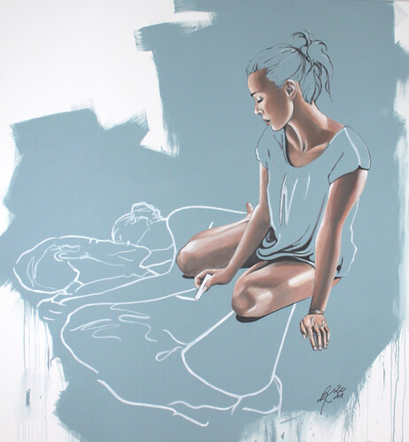 Ich male uns beide als Umriss aus Kreide... auf den Asphalt di Petra Kaindel, Pittura in vendita su Singulart