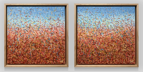 Oondiri Dancers Diptych Framed- 33 squ each- acrylic painting on canvas George Hall