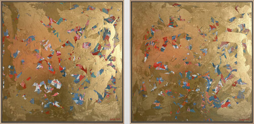Wisdom Twins- 78cm squ (x2) - mixed media on canvas di George Hall, Pittura in vendita su Singulart