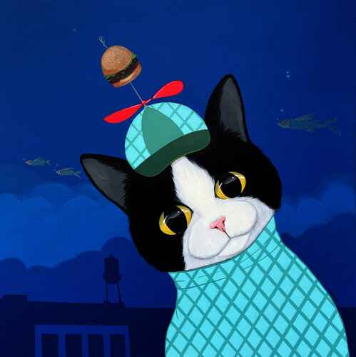 A cat and a burger by Ilaamen Pelshaw, Painting for Sale on Singulart
