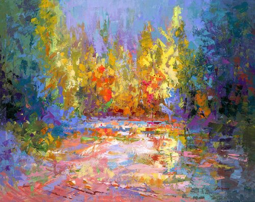 Abstract Landscape Painting, Colorful Autumn Forest di Leon Devenice, Pittura in vendita su Singulart