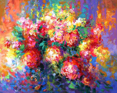 Abstract roses painting van Leon Devenice, Schilderij te koop op Singulart