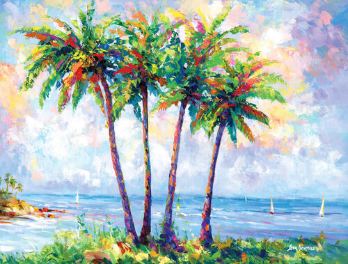 Tropical beach with palm trees in Oahu, Hawaii van Leon Devenice, Schilderij te koop op Singulart