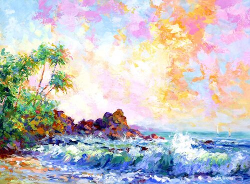 Beach waves and palm trees in Honolulu, Hawaii van Leon Devenice, Schilderij te koop op Singulart