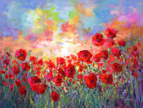 Poppy Flower Field Painting van Leon Devenice, Schilderij te koop op Singulart