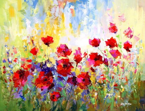 Impressionist painting of a poppy field in California van Leon Devenice, Schilderij te koop op Singulart