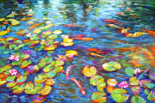 Koi fish and water lilies van Leon Devenice, Schilderij te koop op Singulart