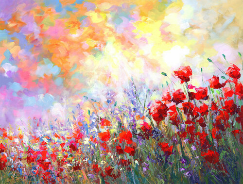 Colorful wildflower field painting di Leon Devenice, Pittura in vendita su Singulart