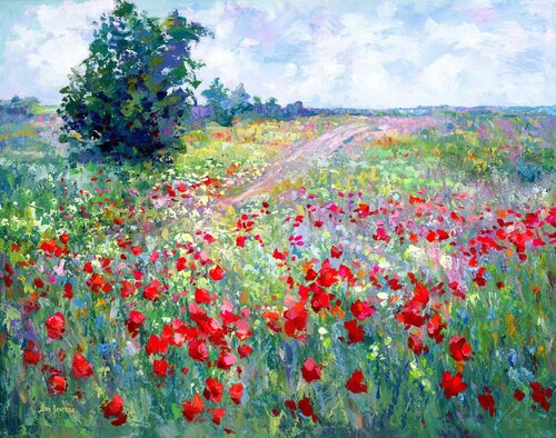 Colorful wildflowers on the field in Tuscany di Leon Devenice, Pittura in vendita su Singulart