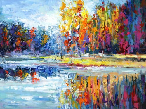 Colorful Forest Lake van Leon Devenice, Schilderij te koop op Singulart