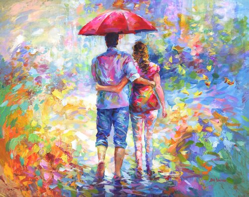Couple walking with umbrella di Leon Devenice, Pittura in vendita su Singulart