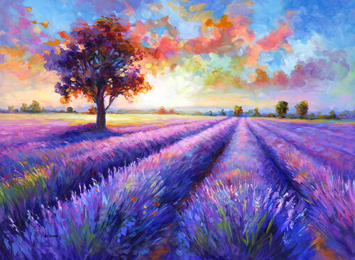 Vibrant lavender field at sunset with colorful sky, di Leon Devenice, Pittura in vendita su Singulart