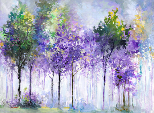 Abstract painting of purple forest with vibrant green and yellow foliage di Leon Devenice, Pittura in vendita su Singulart