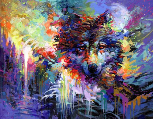 Wolf's Journey Leads to the City di Leon Devenice, Pittura in vendita su Singulart