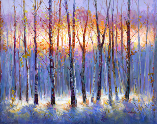 Sunrise Over the Birch Tree Forest di Leon Devenice, Pittura in vendita su Singulart
