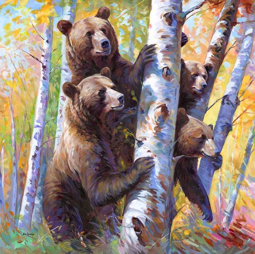 The Curious Bears among the birch trees de Leon Devenice, Pintura a la venta en Singulart