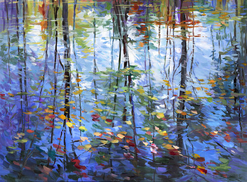 Impressionistic Reflection of Autumn Trees and Leaves on Water von Leon Devenice, Malerei kaufen auf Singulart