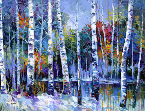 Colorful Birch Tree Forest di Leon Devenice, Pittura in vendita su Singulart