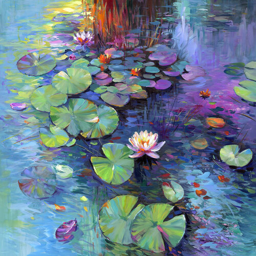 Colorful Water Lilies on a Pond di Leon Devenice, Pittura in vendita su Singulart