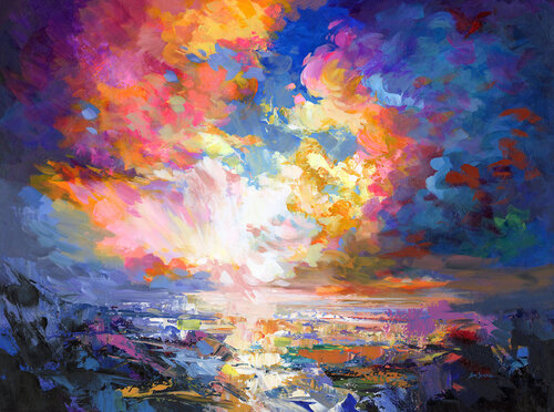 Vibrant Abstract Sunset Painting with Colorful Clouds and Dramatic Sky in Impressionist Style di Leon Devenice, Pittura in vendita su Singulart