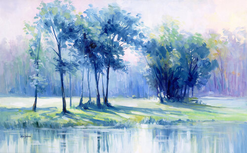 Serene trees by a reflective river Leon Devenice