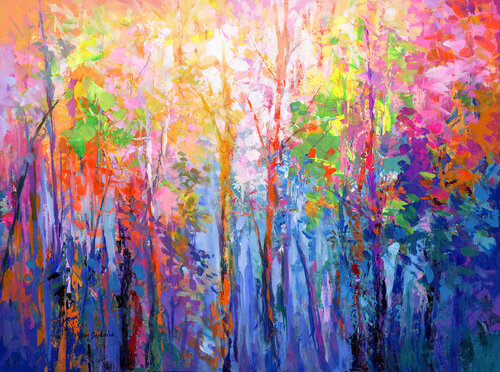 Abstract forest of colorful trees painting di Leon Devenice, Pittura in vendita su Singulart