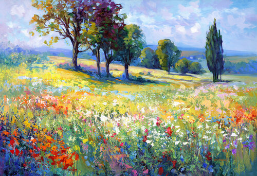 Wildflower field with trees in the summer countryside di Leon Devenice, Pittura in vendita su Singulart