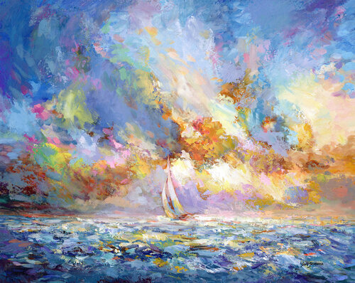 Seascape with sailboat under dramatic vibrant sky at sunset von Leon Devenice, Malerei kaufen auf Singulart