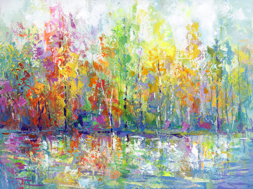 Abstract forest with lake reflections di Leon Devenice, Pittura in vendita su Singulart