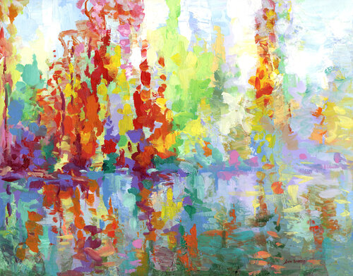 Colorful trees reflected on the lake by Leon Devenice, Painting for Sale on Singulart