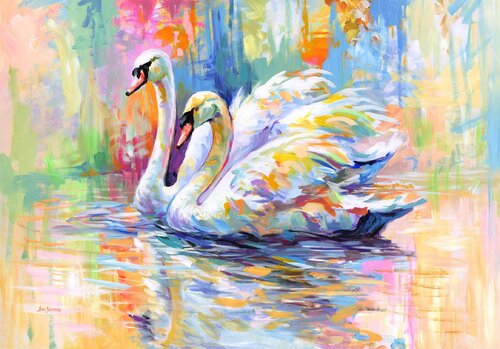 Colorful Swans on a Lake di Leon Devenice, Pittura in vendita su Singulart