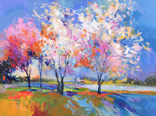 Blossoming Trees in a Spring Landscape di Leon Devenice, Pittura in vendita su Singulart