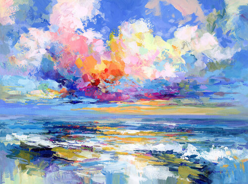 Vibrant Sunset Over Ocean Waves and Colorful Sky di Leon Devenice, Pittura in vendita su Singulart