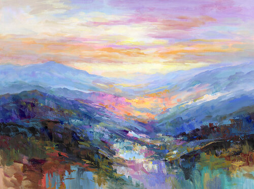 Mountains in a Serene Valley di Leon Devenice, Pittura in vendita su Singulart