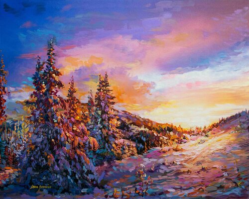 Little bit of warmth after a cold night —oil painting on canvas by Leon Devenice van Leon Devenice, Schilderij te koop op Singulart
