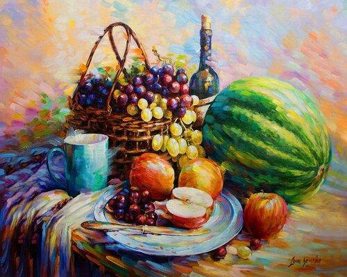 Fruits and Wine — oil painting on canvas by Leon Devenice van Leon Devenice, Schilderij te koop op Singulart