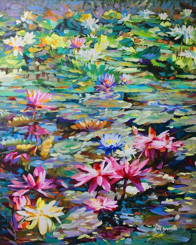 Sacred lily pond  — oil painting on canvas by Leon Devenice van Leon Devenice, Schilderij te koop op Singulart