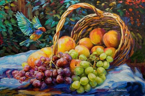 Peaches and grapes — oil painting on canvas by Leon Devenice van Leon Devenice, Schilderij te koop op Singulart