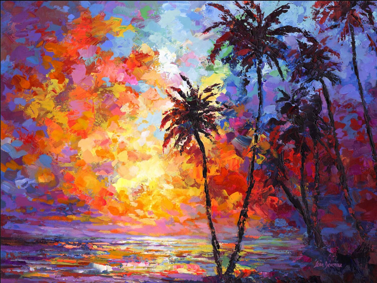 Sunset beach with tropical palm trees, Hawaii de Leon Devenice (2022):  Pintura Acrílico en Lienzo - Singulart, image size:1500x1129