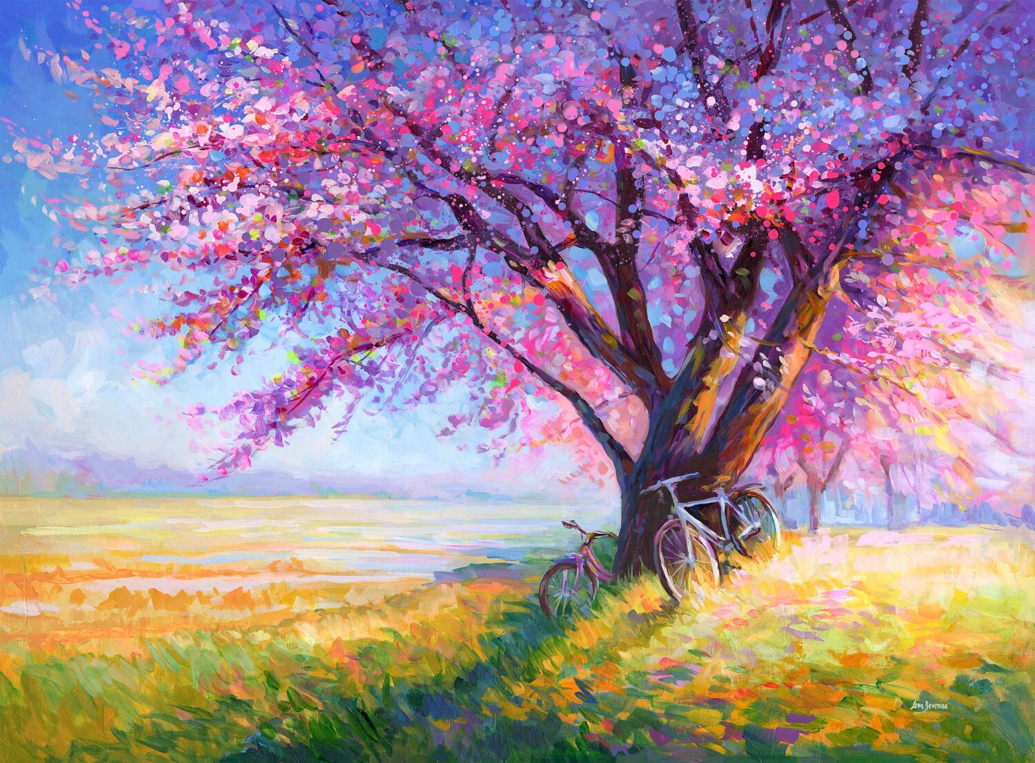 The Sweet Romance of Cherry Blossom Trees Leon Devenice Originalgemälde zu verkaufen