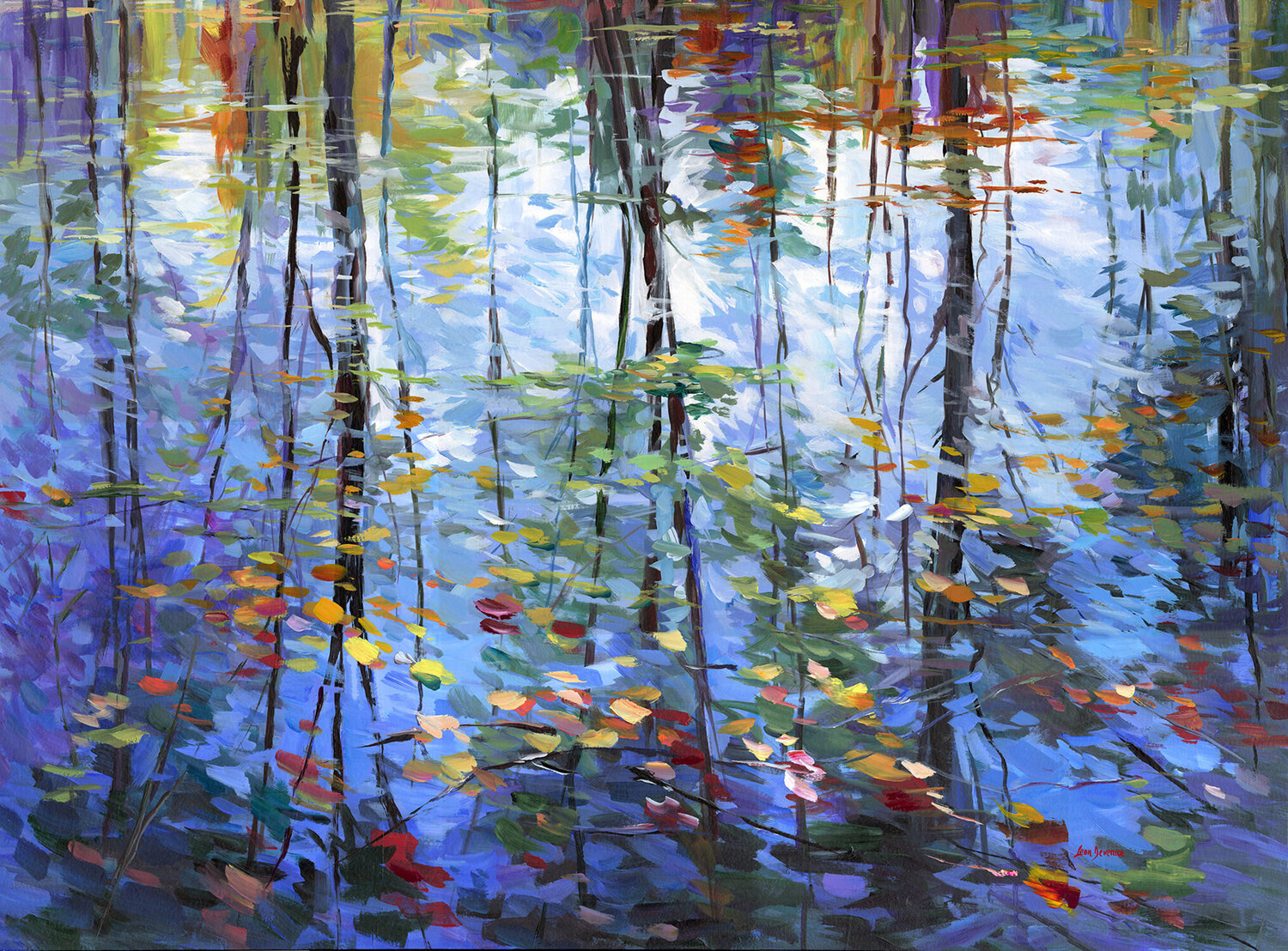 Impressionistic Reflection of Autumn Trees and Leaves on Water Leon Devenice Originalgemälde zu verkaufen