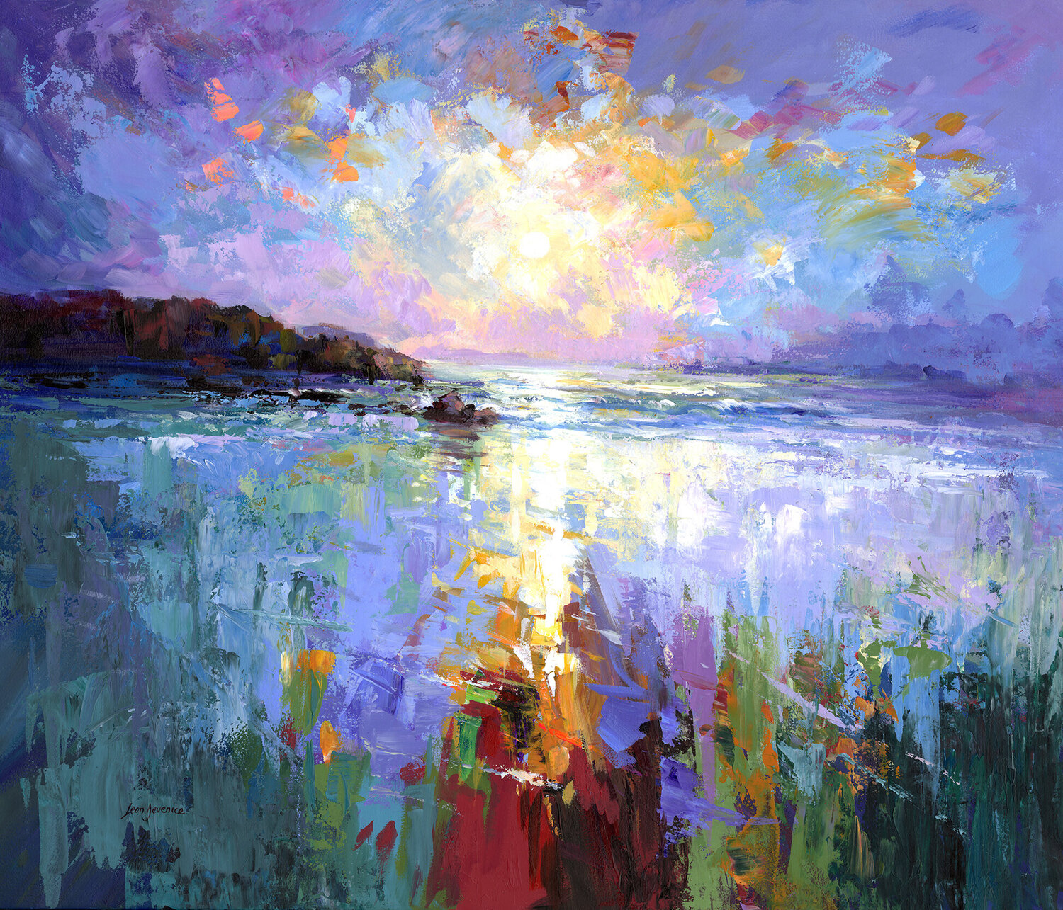 Vibrant Abstract Seascape Painting with Colorful Sunset Reflections on Water Leon Devenice Originalgemälde zu verkaufen