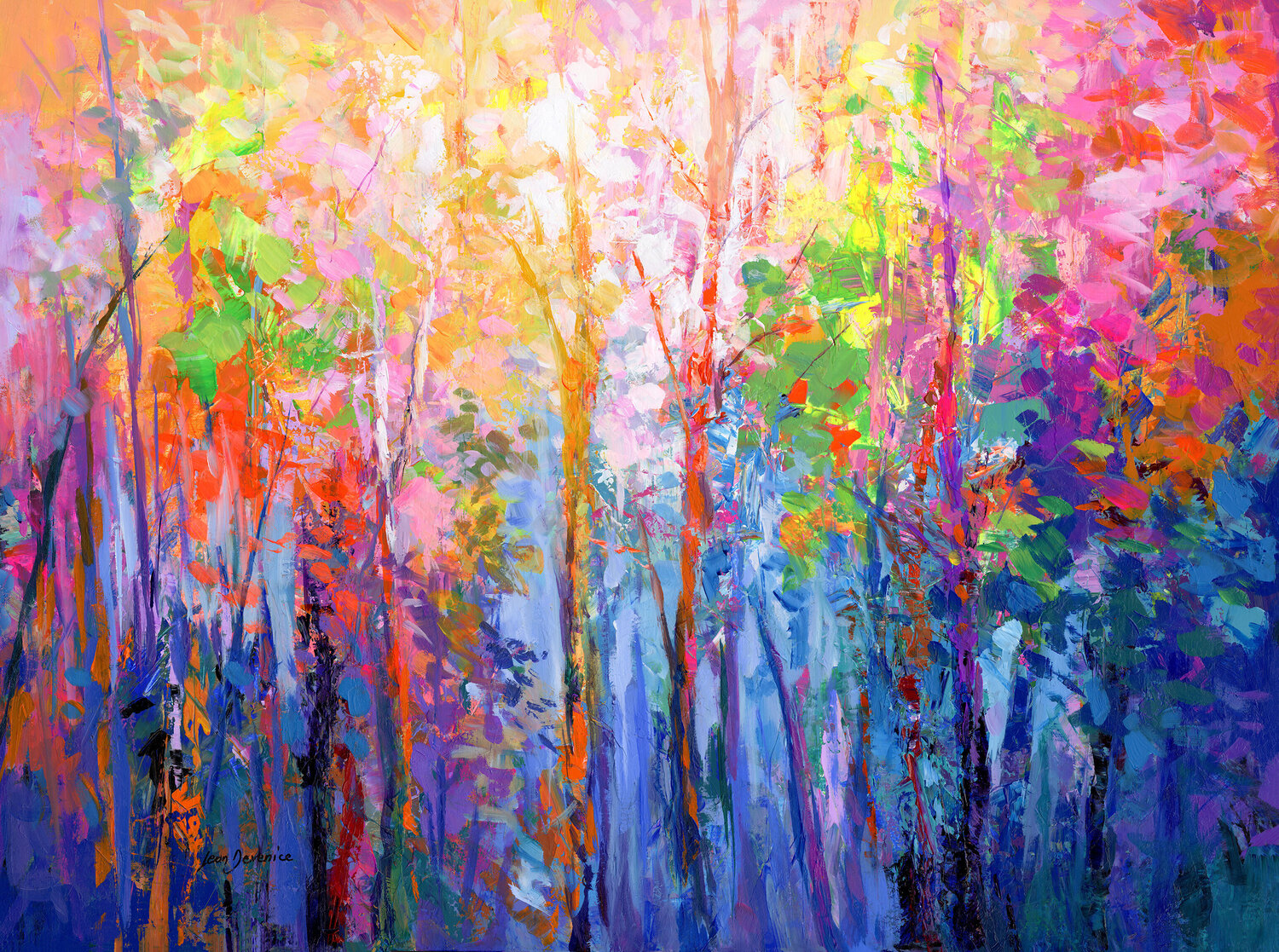 Abstract forest of colorful trees painting Leon Devenice Originalgemälde zu verkaufen