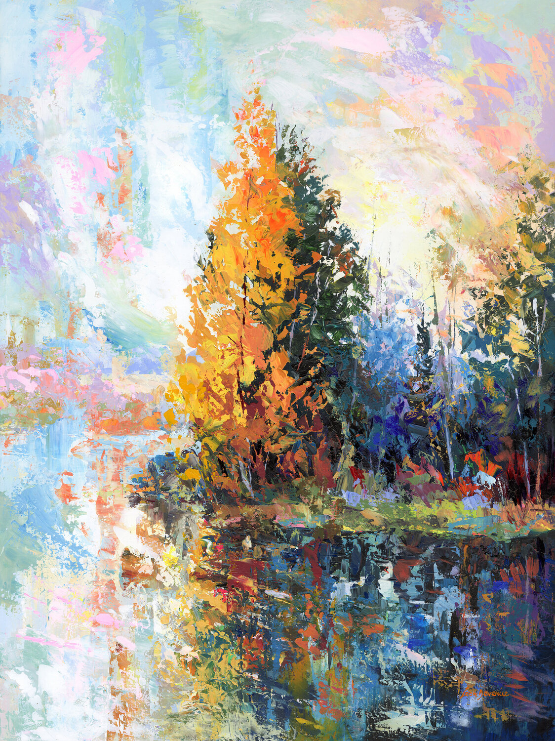 Forest landscape by the lake di Leon Devenice (2025): Pittura a Acrilico,  Olio su Tela - Singulart, image size:1124x1500