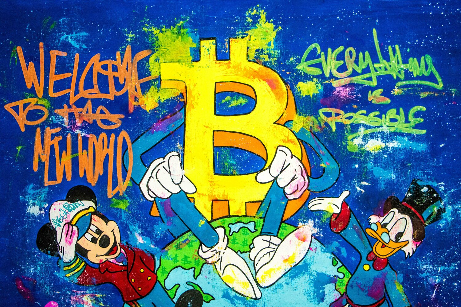 The New World ft. Bitcoin , Mickey , Scrooge , Bob Sponge, Doraemon -  Carlos Pun - Acrylic on Canvas