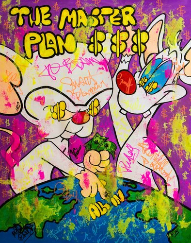 The Master Plans $$$ ft. Pink and the Brain di Carlos Pun, Pittura in vendita su Singulart