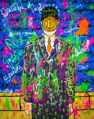 Bitcoins with margarita ft. Rene Magritte van Carlos Pun, Schilderij te koop op Singulart