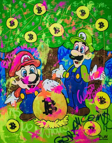 Bitcoin World ft. Mario and Luigi Brothers di Carlos Pun, Pittura in vendita su Singulart