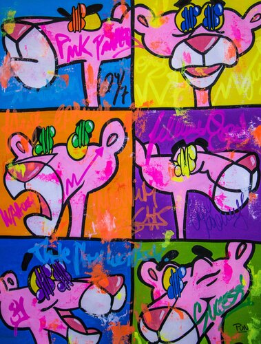 Pink Panther Money Expressions Pop Art di Carlos Pun, Pittura in vendita su Singulart